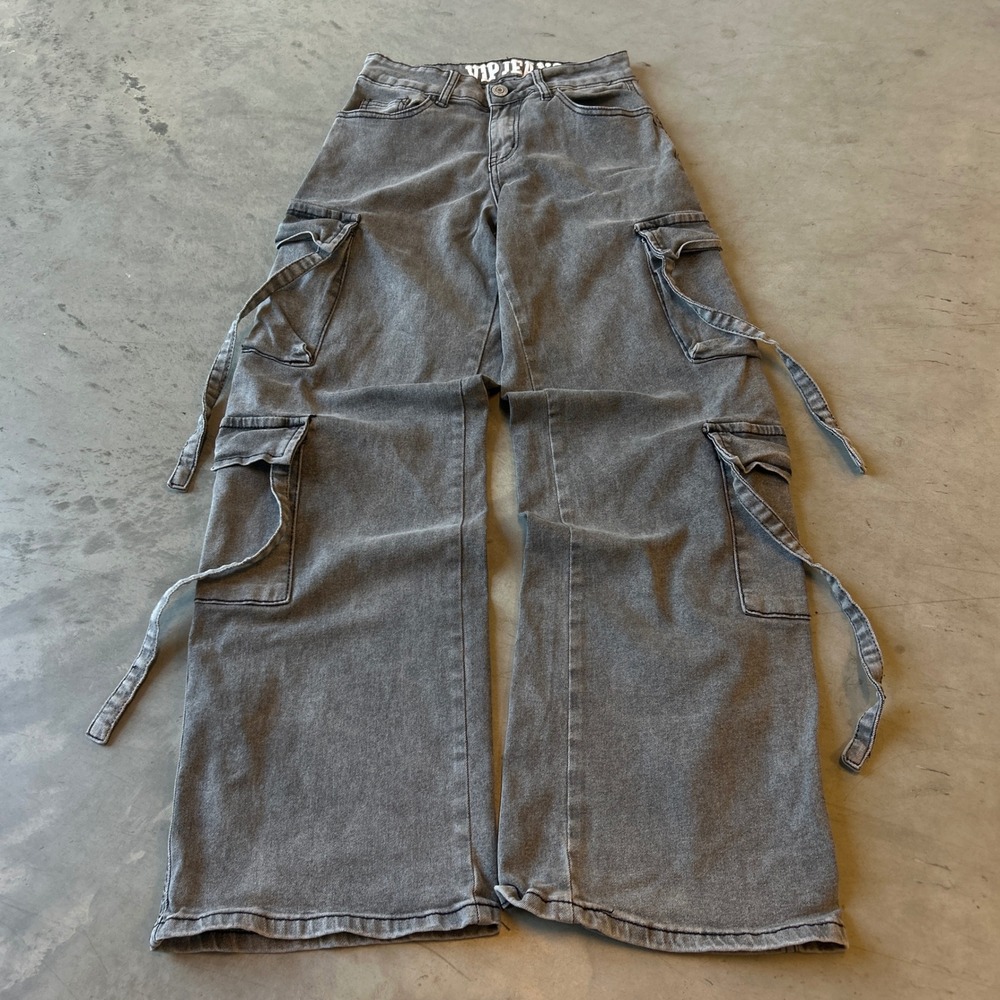 VIP Jeans Women Grey Washed Cargo Wide Leg Strap Pants 24x29